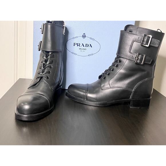 Authenic Rare Prada Calzature Donna Moto Ankle Nero Leather Boots 39 - Picture 2 of 5